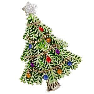Signed Avon 2008 5th Annual Christmas Tree Brooch Green Enamel Rhinestones